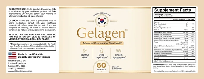The Gelagen label and Supplement Facts panel